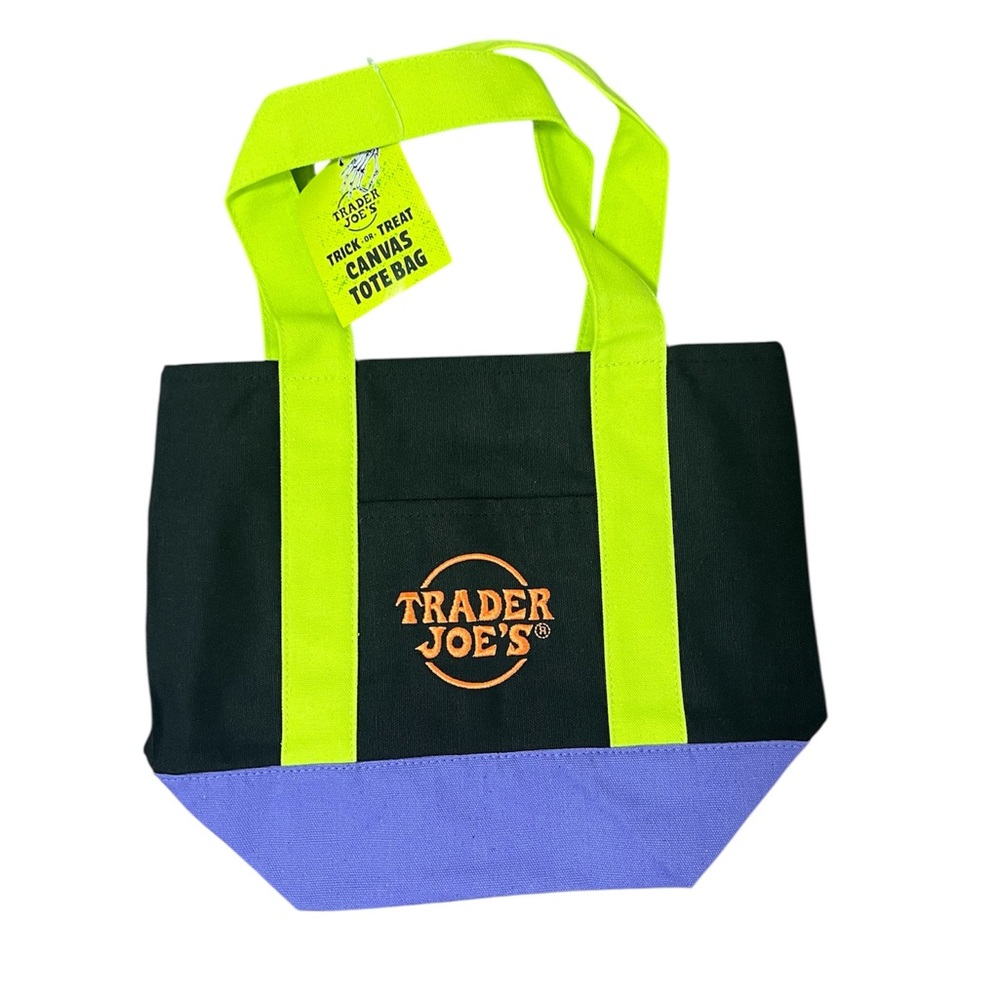 NWT Trader Joe's Mini Canvas Tote Bag in Black/Lime Green/Purple